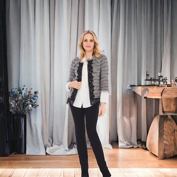 CHICO'S Black and Gray Tweed Fringed Lace Cardigan Jacket size 1 - Picture 3 of 16